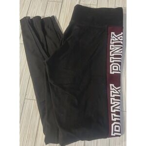Victoria Secret PINK Leggings Ultimate SMALL Black Burgundy Logo Trim Mesh